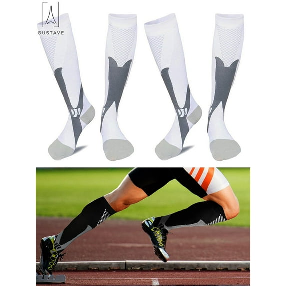 Gustave 2 Pairs Compression Socks for Men Women 20-30mmHg BEST Medical Sport Nursing Varicose knee high Socks Athletic Socks for Marathon,Soccer,Travel & Flight "White,L/XL"