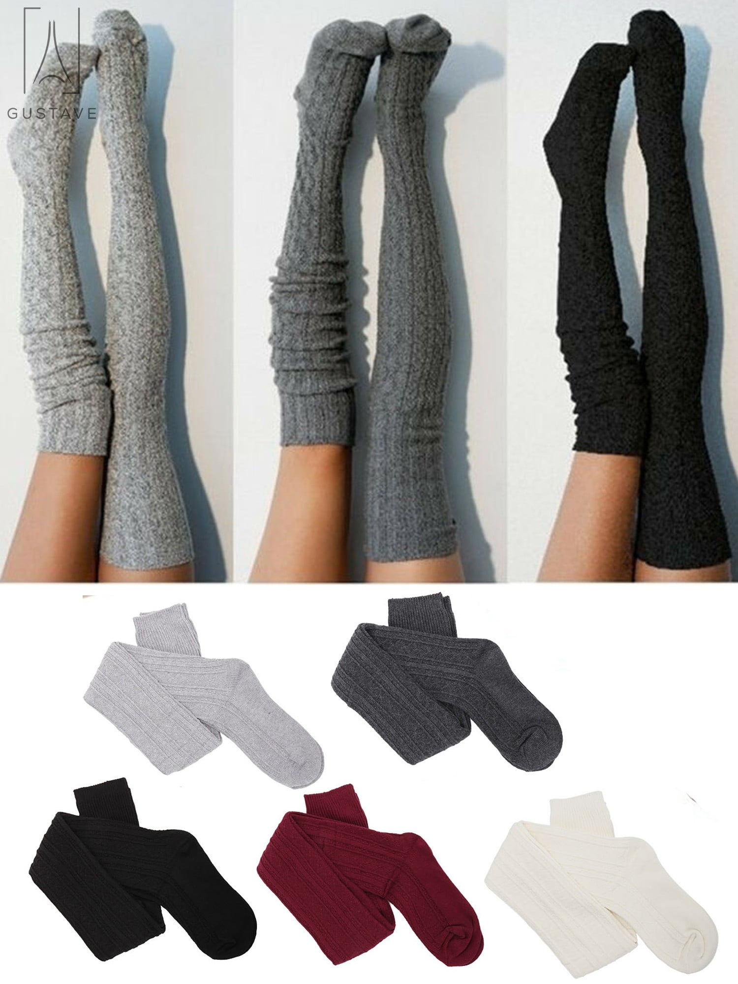 2 Pairs Extra Long Cotton Thigh High Socks, Winter Warm Over the Knee High Boot Stockings Leg Warmers for Women Girl "White"