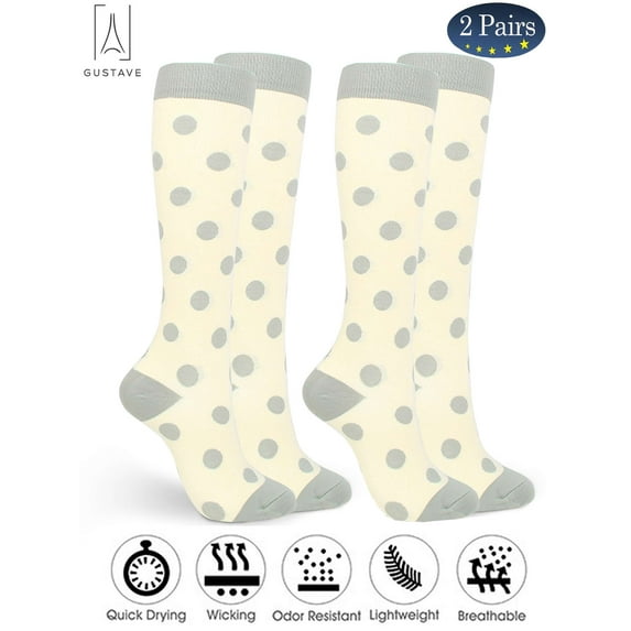 Gustave 2 Pairs Graduated Knee High Compression Socks for Men Women Polka Dot Print Athletic Circulation Support Stocking for Running, Cycling, Travel, Flight "Beige, S/M"
