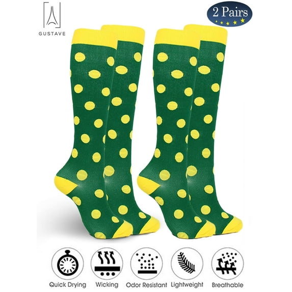 Gustave 2 Pairs Graduated Knee High Compression Socks for Men Women Polka Dot Print Athletic Circulation Support Stocking for Running, Cycling, Travel, Flight "Green, S/M"