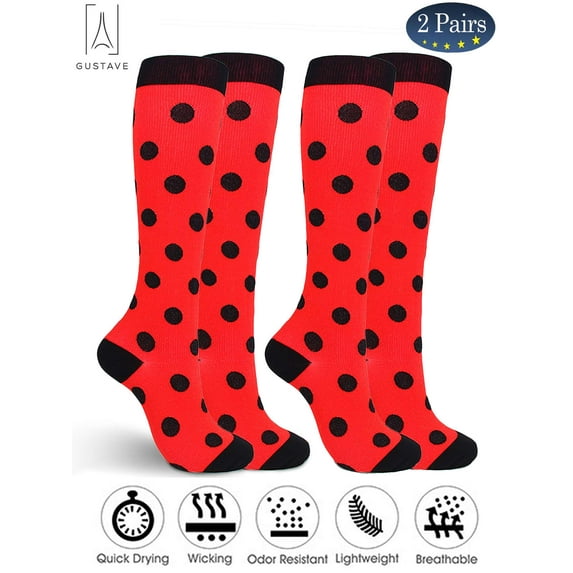 Gustave 2 Pairs Graduated Knee High Compression Socks for Men Women Polka Dot Print Athletic Circulation Support Stocking for Running, Cycling, Travel, Flight "Red, L/XL"