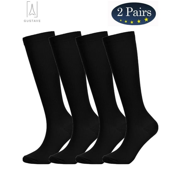 Gustave 2 Pairs Knee High Compression Socks 10-20mmHg for Men & Women Best Medical,Running,Varicose Veins,Travel (Black,L/XL)