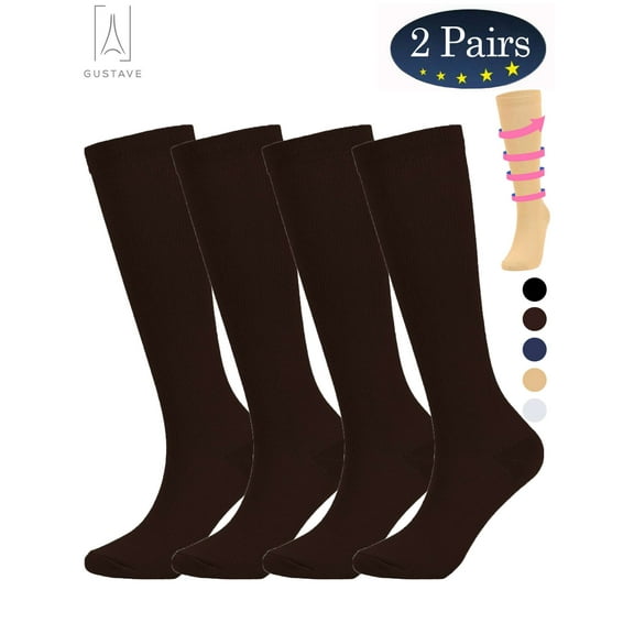 Gustave 2 Pairs Knee High Compression Socks 10-20mmHg for Men & Women Best Medical,Running,Varicose Veins,Travel (Brown,L/XL)