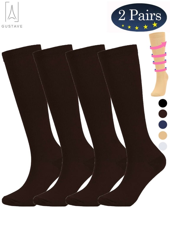 2 Pairs Knee High Compression Socks 10-20mmHg for Men & Women Best Medical,Running,Varicose Veins,Travel (Brown,L/XL)