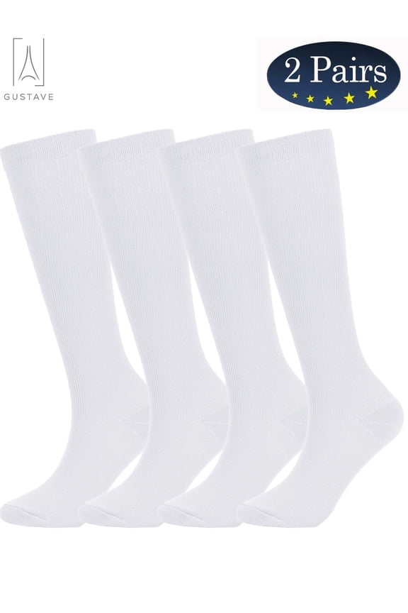 2 Pairs Knee High Compression Socks 10-20mmHg for Men & Women Best Medical,Running,Varicose Veins,Travel (White,S/M)