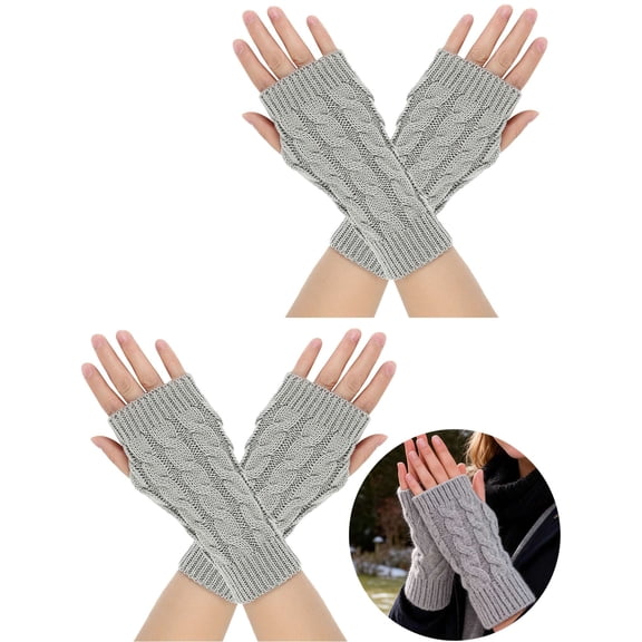 Gustave 2 Pairs Knitted Fingerless Gloves for Women Winter Warm Mittens Stretchy Half Finger Texting Gloves Arm Warmers with Thumb Hole for Driving Cycling Working