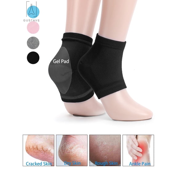 Gustave 2 Pairs Moisturizing Heel Socks Gel Lined Open-toe Spa Socks to Heal and Treat Dry Cracked Heels, Foot Treatment Care Heel (Black)