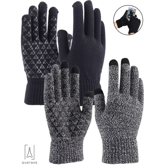 Gustave 2 Pairs Winter Knit Gloves Touchscreen Windproof Anti-slip Thermal Soft Wool Lining Elastic Cuff for Women Men "Gray / Black, Men"