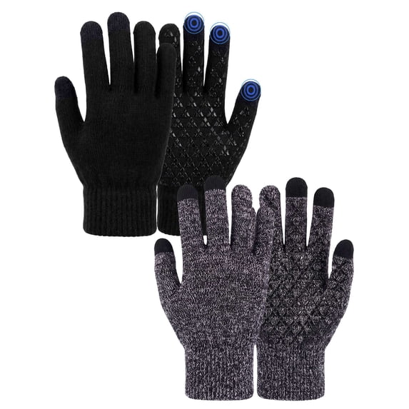 Gustave 2 Pairs Winter Knit Gloves Touchscreen Windproof Anti-slip Thermal Soft Wool Lining Elastic Cuff for Women Men "Gray / Black, Women"