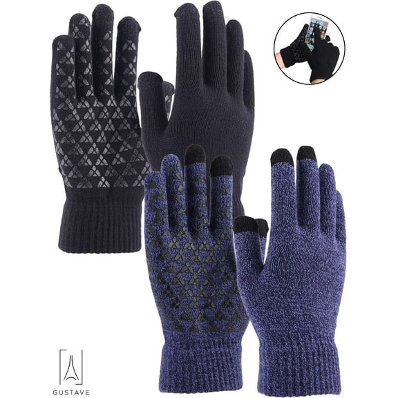 Gustave 2 Pairs Winter Knit Gloves Touchscreen Windproof Anti-slip Thermal Soft Wool Lining Elastic Cuff for Women Men "Navy Blue / Black, Men"