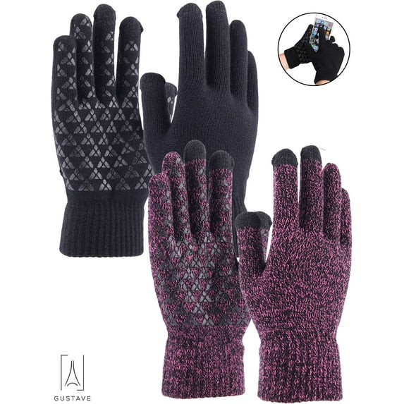 Gustave 2 Pairs Winter Knit Gloves Touchscreen Windproof Anti-slip Thermal Soft Wool Lining Elastic Cuff for Women Men "Purple / Black, Women"