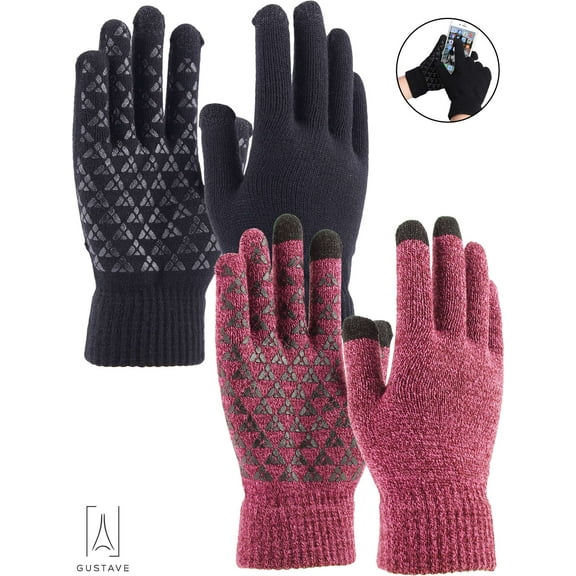 Gustave 2 Pairs Winter Knit Gloves Touchscreen Windproof Anti-slip Thermal Soft Wool Lining Elastic Cuff for Women Men "Rose Red, Women"