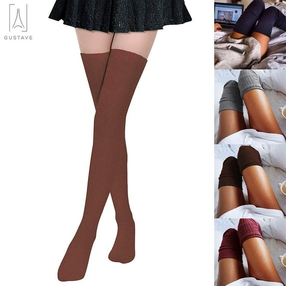 Gustave 2 Pairs Women Thigh High Socks Extra Long Knit Warm Over the Knee Tall Long Boot Stockings Leg Warmers, Coffee