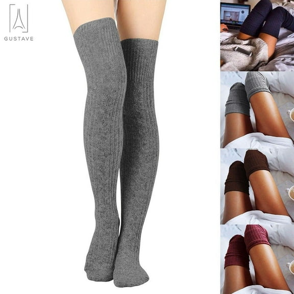 Gustave 2 Pairs Women Thigh High Socks Extra Long Knit Warm Over the Knee Tall Long Boot Stockings Leg Warmers, Gray