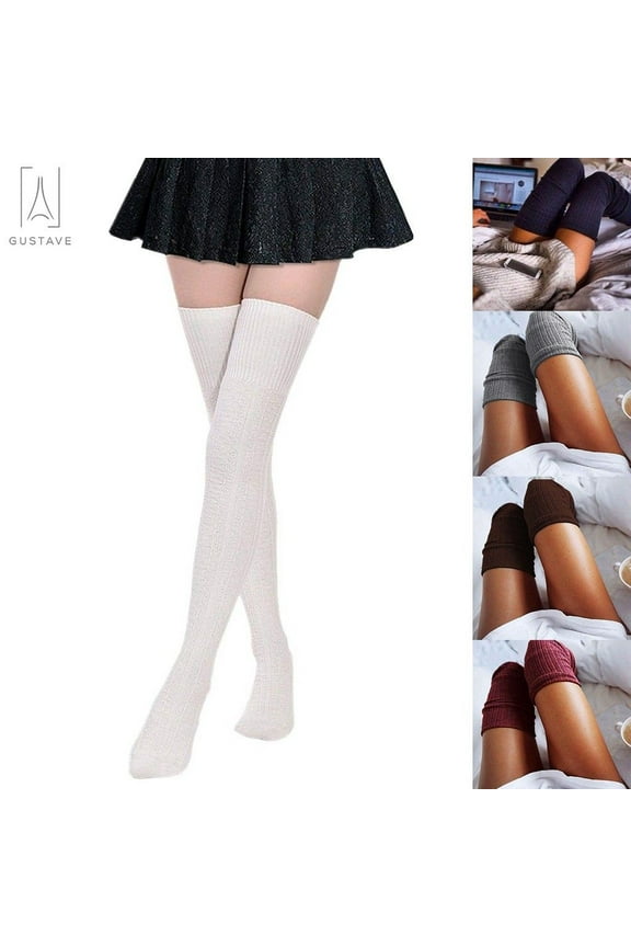 2 Pairs Women Thigh High Socks Extra Long Knit Warm Over the Knee Tall Long Boot Stockings Leg Warmers, White