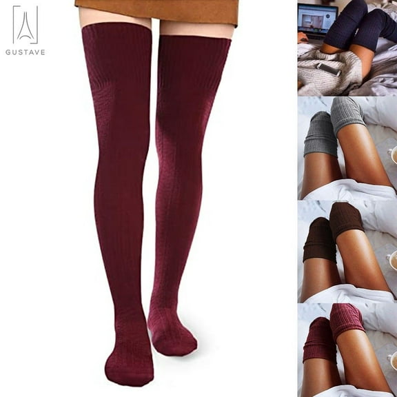 Gustave 2 Pairs Women Thigh High Socks Extra Long Knit Warm Over the Knee Tall Long Boot Stockings Leg Warmers, Wine Red