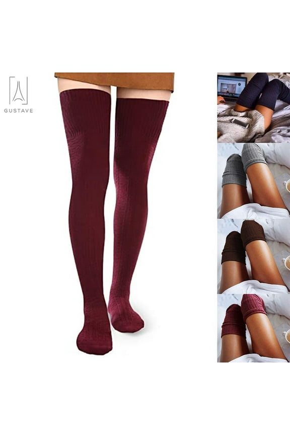 2 Pairs Women Thigh High Socks Extra Long Knit Warm Over the Knee Tall Long Boot Stockings Leg Warmers, Wine Red