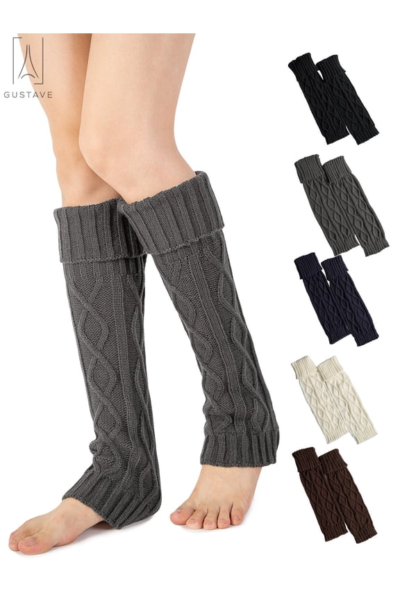 2 Pairs Women Winter Leg Warmers Cable Knit Thick Long Socks Boot Cuffs Legging Crochet Knee High Footless Socks Stocking for Girls "Gray"