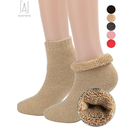 Gustave 2 Pairs Womens Winter Cotton Socks Thick Fuzzy Lined Soft Warm Cozy Crew Socks Solid Casual Thermal Sock Xmas Gift "Khaki"