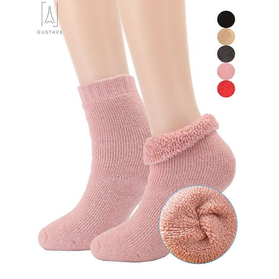 Gustave 2 Pairs Womens Winter Cotton Socks Thick Fuzzy Lined Soft Warm Cozy Crew Socks Solid Casual Thermal Sock Xmas Gift "Pink"
