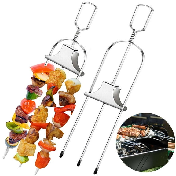 Gustave 2 Pcs Stainless Steel Kabob Skewers for Grilling, 14" 3 Way Reusable Metal Grill Skewer Kabob Sticks with Push Bar Slider for Meat Veggies Chicken Sausages, Barbecue BBQ Accessory