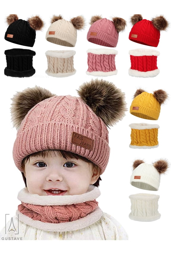 2 Pieces Baby Winter Hat Scarf Set, Knitted Warm Fleece Lined Skiing Cap Pompom Kids Beanie for Kids Girl Boy "White"