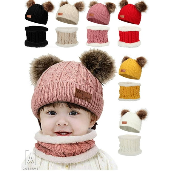 Gustave 2 Pieces Baby Winter Hat Scarf Set, Knitted Warm Fleece Lined Skiing Cap Pompom Kids Beanie for Kids Girl Boy "Yellow"