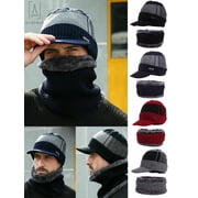 Gustave 2 Pieces Men Knit Visor Beanie and Fleece Lining Scarf Set, Winter Warm Thick Knit Skull Cap with Brim for Outdoor Sport "Navy Blue"