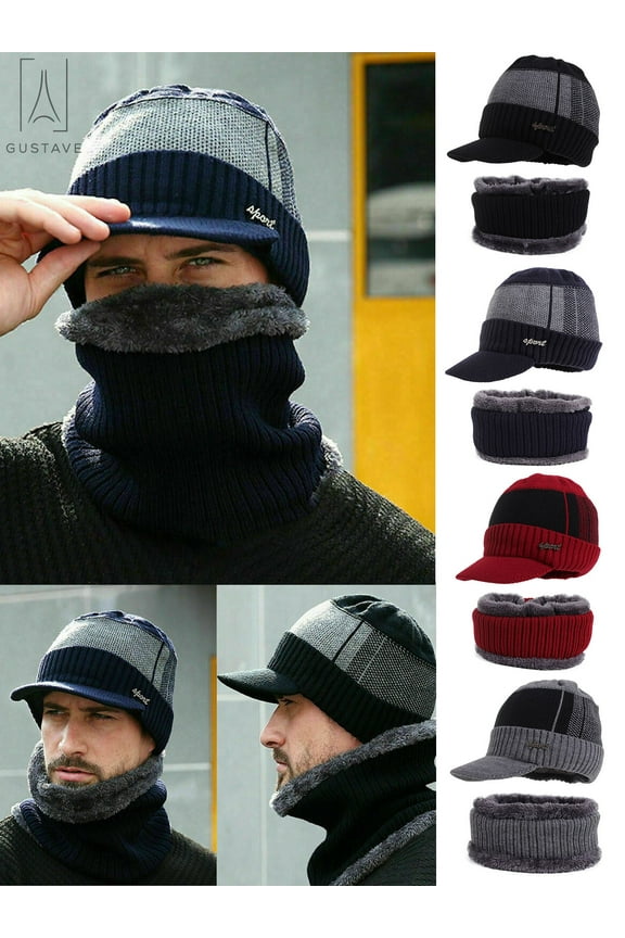 2 Pieces Men Knit Visor Beanie and Fleece Lining Scarf Set, Winter Warm Thick Knit Skull Cap with Brim for Outdoor Sport "Navy Blue"