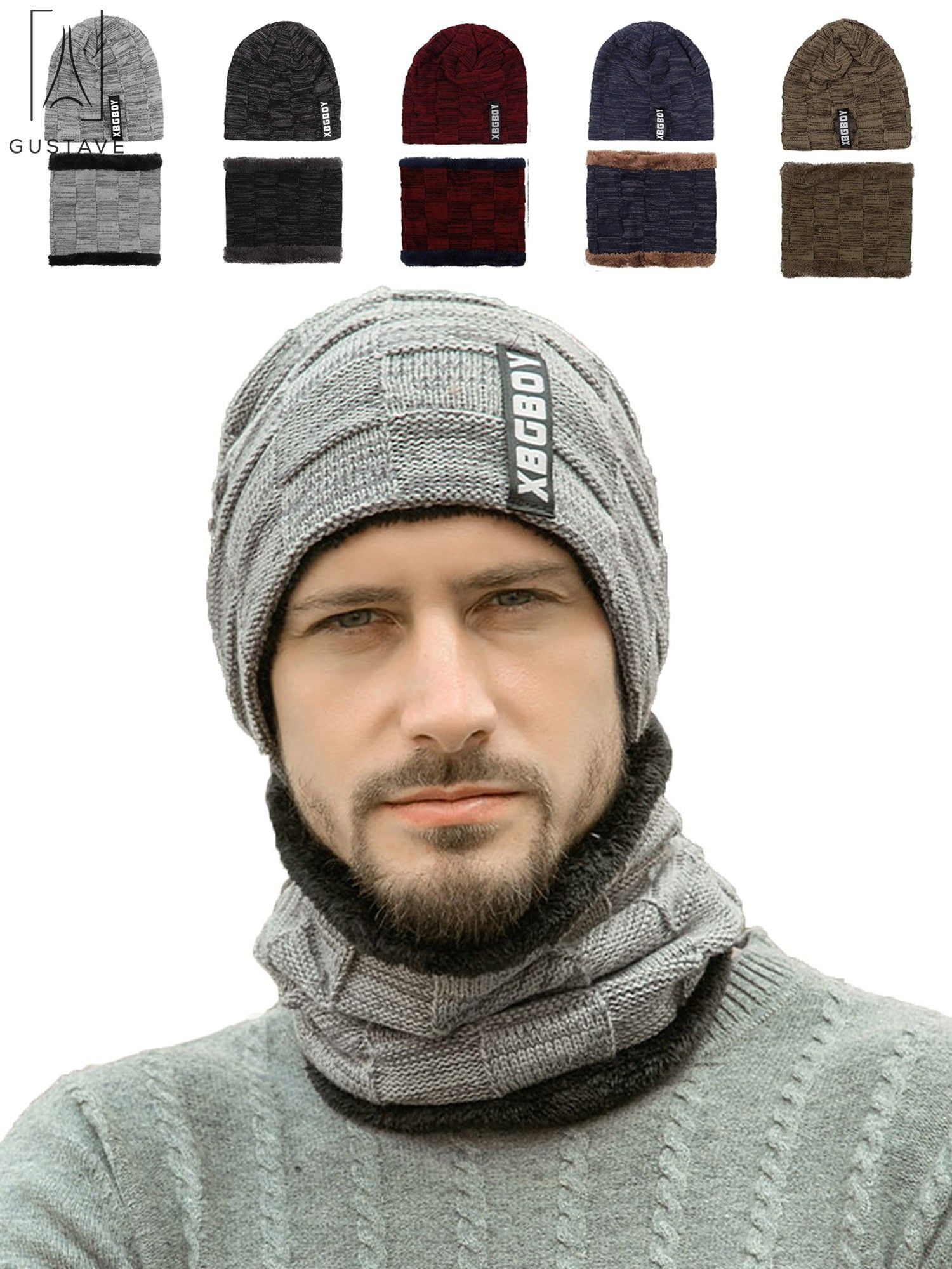 Women's Winter Beanie & Scarf Set - Knit Skull Cap & Infinity Scarf, Warm Acrylic (Beige)