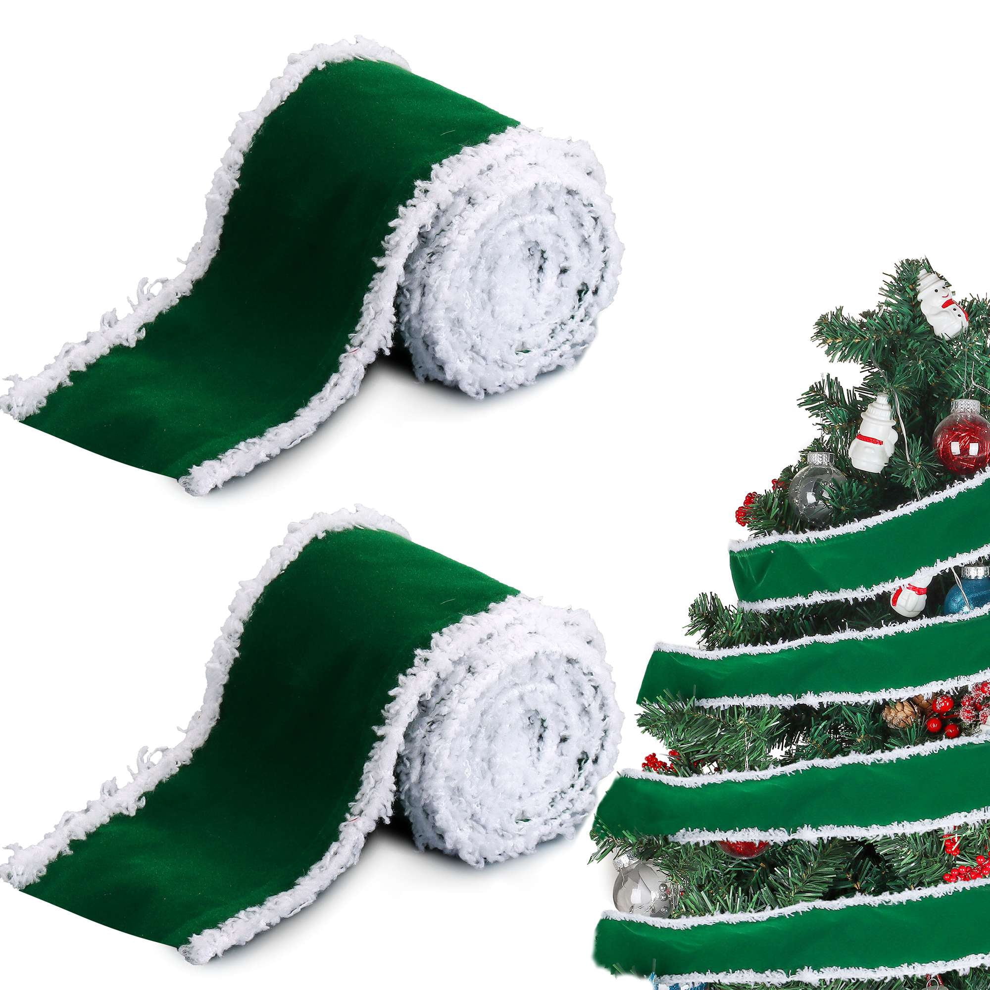 Gustave 2 Rolls Christmas Ribbons 2.5" x 2 Yards Vintage Velvet Wired Ribbon Bow for Christmas Tree Topper Wreath Ornaments DIY Crafts Gift Wrapping Home Decor - Green