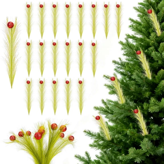 Gustave 20 Pcs Christmas Tree Pampas Grass Picks Decorations 15" Artificial Lime Green Curly Pampas Grass Stems Picks Ornaments for Christmas Tree Topper Vase Fillers Wreath