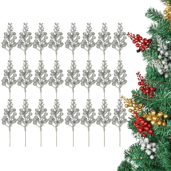 Gustave 24 Pack Glitter Berry Stems Artificial Christmas Picks, 8 inch Fake Berries Branches for Xmas Tree Wreath Ornaments Wedding Holiday Home Decor - Silver