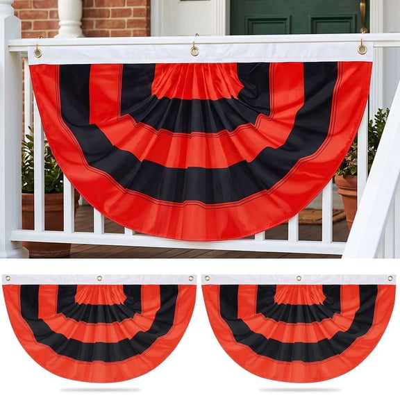 Gustave 2Pcs 4x2ft Halloween Flags Bunting Hanging Pleated Half Fan Flag Banner with 3 Grommets for Indoor Outdoor Yard Holiday Party Decorations, Black Orange
