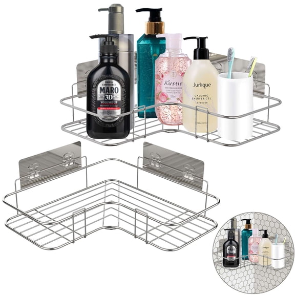 Gustave 2Pcs Adhesive Corner Shower Caddy Basket Bathroom Organizer Shelf with Hooks, Rustproof Stainless Steel No Drilling Wall Mounted Storage Rack for Bathroom, Kitchen, Toilet