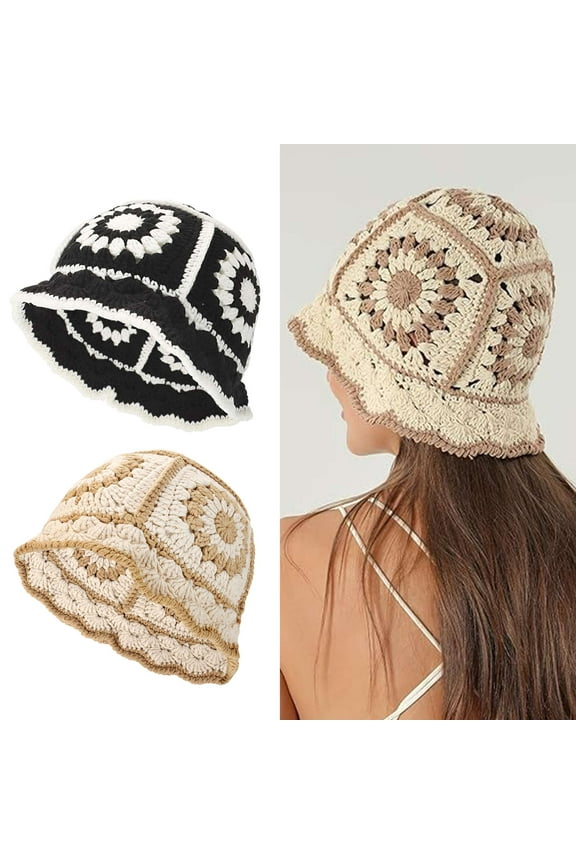 2Pcs Crochet Bucket Hat for Women Knitted Handmade Beanies Cap Boho Floral Fisherman Hat Foldable Cute Hollow Casual Floppy Beach Hats "Black & Beige"