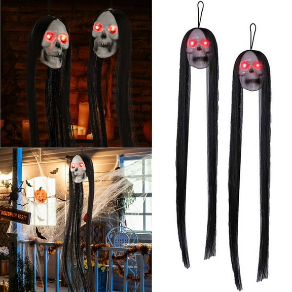 Gustave 2Pcs Halloween Hanging Ghost Skull with Long Hair Light up Red Eyes Skull Heads Glowing Skeleton Scary Props Ornament for Indoor Party Outdoor Decoration, 20inch