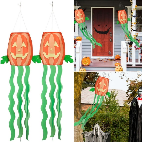 Gustave 2Pcs Halloween Pumpkin Windsock Flag Durable 3D Hanging Wind Socks Outdoor Decoration for Fall Thanksgiving Yard Garden, 47inch