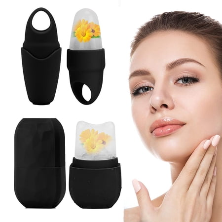 Gustave 2Pcs Ice Roller for Face and Eye, Gua Sha Face Massage, Facial Beauty Ice Face Roller for Shrinking Pore & De-Puff The Eye Area, Silicone Ice Mould, Black