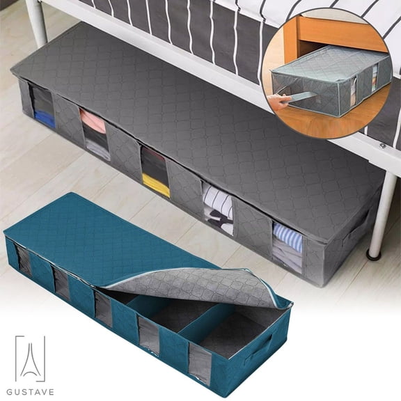 Gustave 2Pcs Large Capacity Underbed Storage Bags, Foldable Storage Container Bins Box with Clear Window and Handle for Clothing, Shoes, Blankets, Sweaters, Toys, Comforters "Gray"