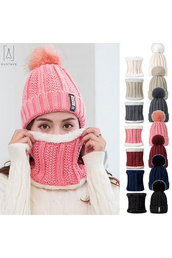 2Pcs (Scarf+Hat) Set Women Winter Warm Solid Pompoms Knitted Soft Caps And Scarves "Beige"