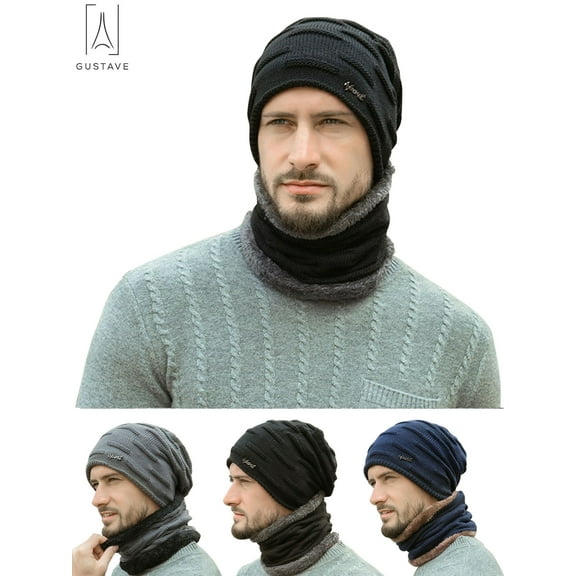 Gustave 2Pcs Winter Beanie Hat Scarf Set Warm Knit Hat Thick Knit Skull Cap for Men Women Thermal Fluffy Knitted Cap Neck Warmer Headwear "Black"