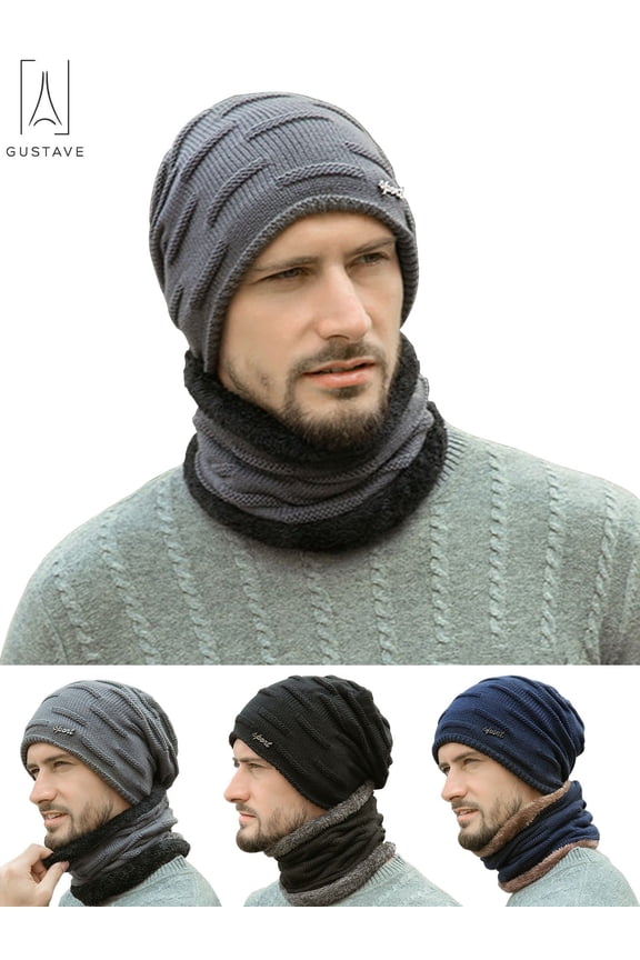 2Pcs Winter Beanie Hat Scarf Set Warm Knit Hat Thick Knit Skull Cap for Men Women Thermal Fluffy Knitted Cap Neck Warmer Headwear "Gray"