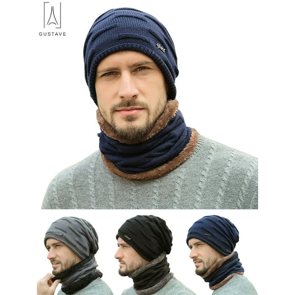 Gustave 2Pcs Winter Beanie Hat Scarf Set Warm Knit Hat Thick Knit Skull Cap for Men Women Thermal Fluffy Knitted Cap Neck Warmer Headwear "Navy"
