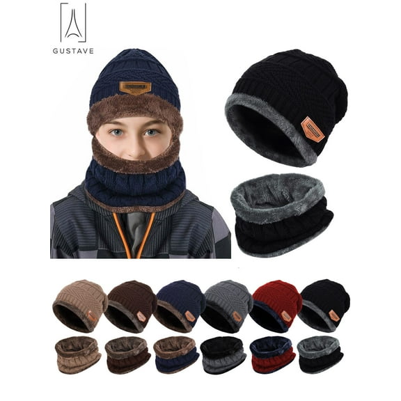 Gustave 2Pcs Winter Hat Scarf Set Lined Skull Cap Warm Knitted Beanie Hat for Men Women Kids "Black"