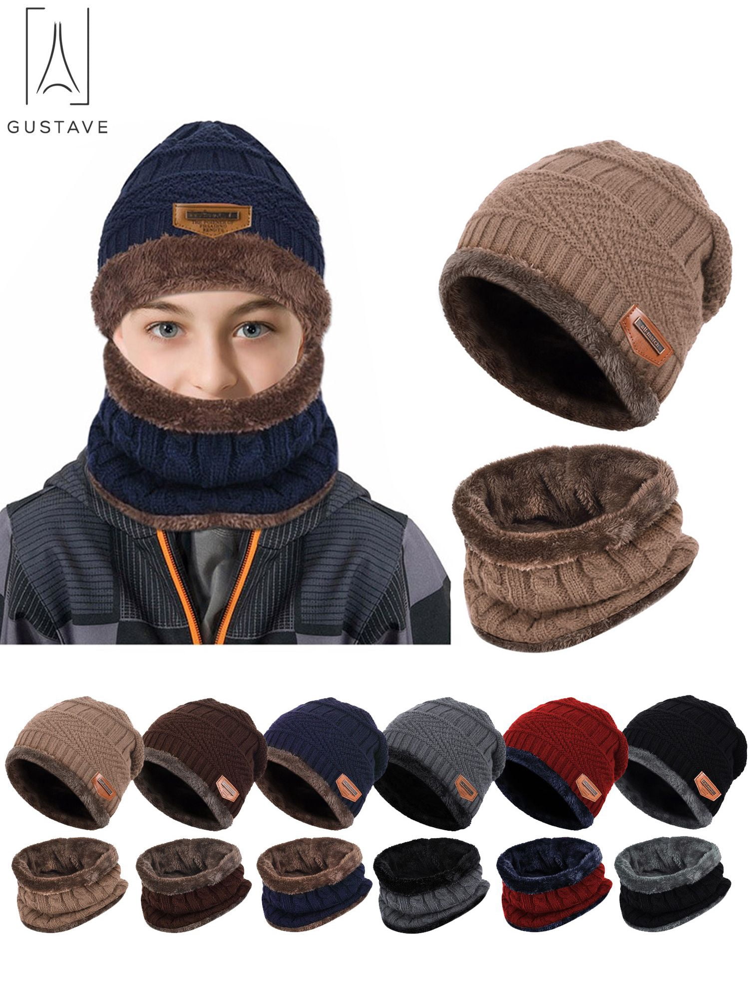Gustave 2Pcs Winter Hat Scarf Set Lined Skull Cap Warm 