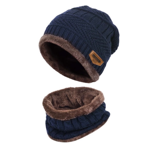 Gustave 2Pcs Winter Hat Scarf Set Lined Skull Cap Warm Knitted Beanie Hat for Men Women Kids "Navy Blue"