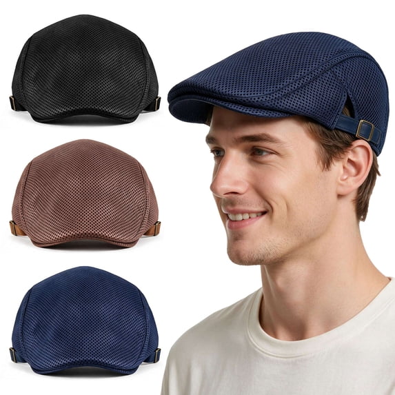 Gustave 3 Pack Men Mesh Newsboy Hats Summer Breathable Flat Caps Adjustable Flat Beret Cap Vintage Gatsby Cabbie Driving Hunting Hat