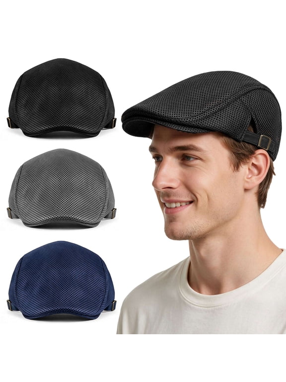 3 Pack Men Mesh Newsboy Hats Summer Breathable Flat Caps Adjustable Flat Beret Cap Vintage Gatsby Cabbie Driving Hunting Hat