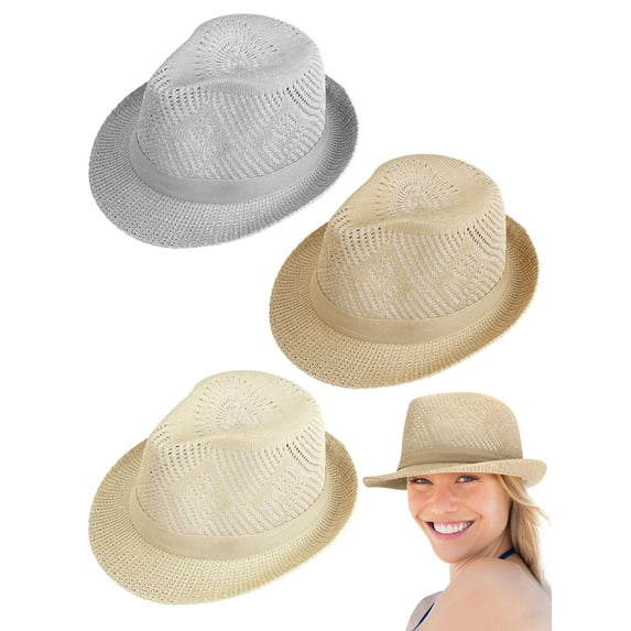 Gustave 3 Pack Short Brim Fedora Hat for Men Women Summer Sun Protection Beach Hats Panama Trilby Hat Breathable Hollow Out Mesh Cap - Gray